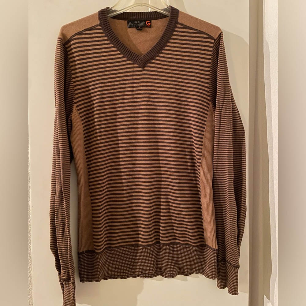GUESS- All Cotton V Neck Long Sleeve Striped Sweater Brown NWOT
